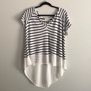 Navy and white striped v-neck shirt